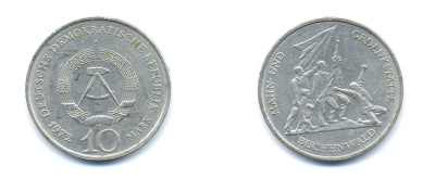 ГДР 10 марок 1972 A, мемориал Бухенвальда KM 38, J. 1539 медно-никель 3333-225