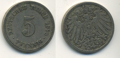 ГЕРМАНИЯ 5 ПФЕННИГОВ 1897 A, KM 11, J. 12 медно-никель 54-574