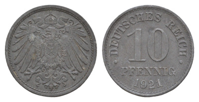 Германия 10 пфеннигов 1921 KM 26, J. 299 цинк 4659-155