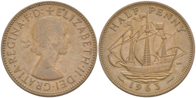 Великобритания 1/2 пенни 1963 Елизавета II (1952-2022) KM 896, Spink 4158 бронза 4544-135
