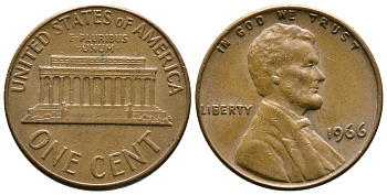 США 1 ЦЕНТ 1966 ЛИНКОЛЬН KM 201 медь цинк 93-1236