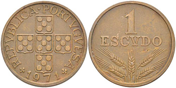 Португалия 1 эскудо 1971 KM 597 бронза 4517-444