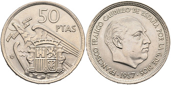 Испания 50 песет 1957(59) Франсиско Франко (1939-1975) KM 788 медно-никель 4572-534