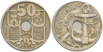 ИСПАНИЯ 50 СЕНТИМО 1949 ФРАНСИСКО ФРАНКО ДИКТАТОР ИСПАНИИ (1939- 1975), МОРСКАЯ АТРИБУТИКА KM 777 медно-никель 4523-846