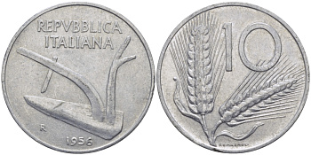 ИТАЛИЯ 10 ЛИР 1956 R, ПЛУГ KM 93 алюминий 28-126