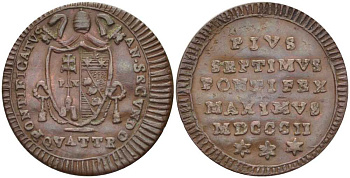 ВАТИКАН КВАТТРИНО 1802 R, ГОД II, ПАПА ПИЙ VII (1800-1823) KM 1264 (C107) медь 3896-1544