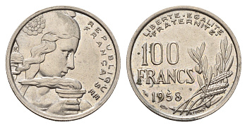 Франция 100 франков 1958 KM 919 медно-никель 3856-621