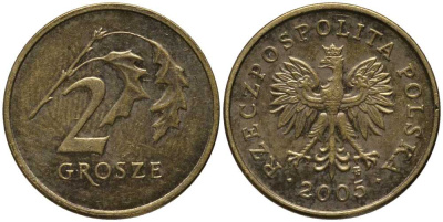 ПОЛЬША 2 ГРОША 2005 MW KM 277 латунь 201-416