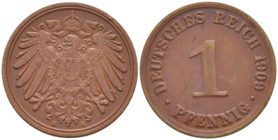 ГЕРМАНИЯ 1 ПФЕННИГ 1909 A KM 10, J. 10, Weege 2 медь 211-415