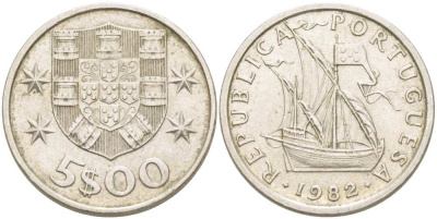 ПОРТУГАЛИЯ 5 ЭСКУДО 1982 ПАРУСНИК KM 591 медно-никель 4513-1054