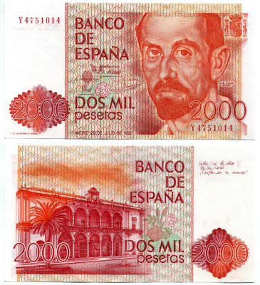Испания 2000 песет 1980 22 июля 1980 Pick 159 бумага 8612-61-1-2