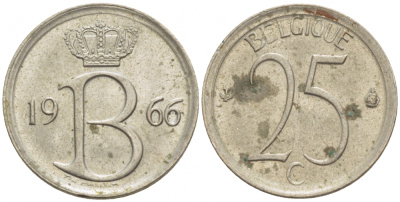 БЕЛЬГИЯ 25 САНТИМОВ 1966 BELGIQUE, МОНЕТНЫЙ ТИП KM 153.1 медно-никель 4528-137