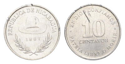 Никарагуа 10 сентаво 1987 год-тип KM 67 алюминий UNC 4668-832