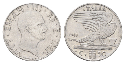 Италия 50 чентезимо 1940 R, Виктор Эммануил III (1900-1946) KM 76b нержавеющая сталь 4706-554
