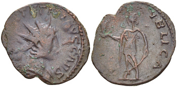 Римская Империя (императоры в Галлии) антониниан 272 - 273 Тетрик II. SPES PVBLICA, Спея, держащая цветок, Августа Треверов, Very fine RIC 272 биллон 1073-14-91