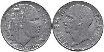Италия 20 чентезимо 1943 R, Виктор Эммануил III (1900-1946), XXI год KM 75b, VEM3. 1031 нержавеющая сталь 83-1545