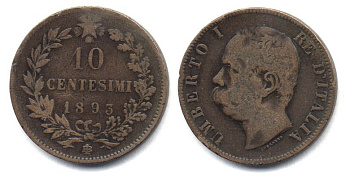 ИТАЛИЯ 10 ЧЕНТЕЗИМО 1893 B/I, УМБЕРТО I (1878-1900) KM 27.1 медь 25-516