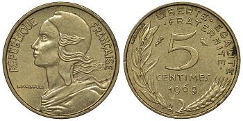 Франция 5 сантимов 1969 тип Marianne KM 933, Le Franc 125.5 медь алюминий никель 4124-331