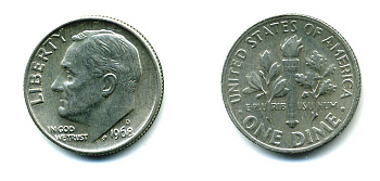 США 10 ЦЕНТОВ = 1 ДАЙМ 1968 D, РУЗВЕЛЬТ KM 195a медь плакированная медно-никелем 76-241