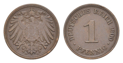 Германия 1 пфенниг 1900 D, Вильгельм II (1888-1918) KM 10, J. 10 медь 4639-1121