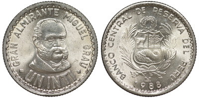 Перу 1 инти 1988 LIMA, Мигель Грау KM 296 медно-никель UNC 4605-345