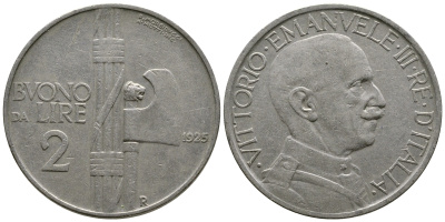 ИТАЛИЯ 2 ЛИРЫ 1925 R, ВИКТОР ИМАНУИЛ III (1900-14946) KM 63 никель 4383-846