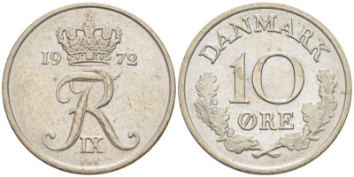 ДАНИЯ 10 ЭРЕ 1972 S; S, ФРЕДЕРИК IX (1947-1972) KM 849.2 медно-никель 4387-1149