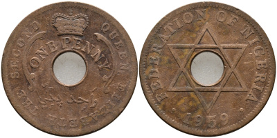 Нигерия 1 пенни 1959 Елизавета II (1952-), Британский протекторат KM 2 бронза 51-244