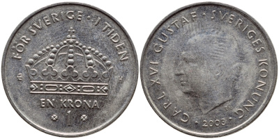 Швеция 1 крона 2003 Карл XVI Густав (1973- ) KM 894 медно-никель 4179-1032