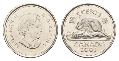 Канада 5 центов 2003 P, Елизавета II (1952-2022), бобр KM 491 сталь плакированная никелем UNC 4651-622