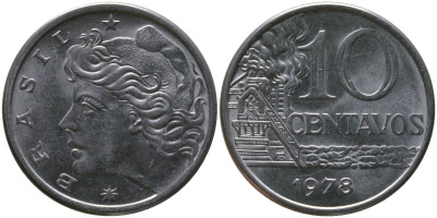 Бразилия 10 сентаво 1978 KM 578.1a, Schon 83b нержавеющая сталь aUNC 4514-134