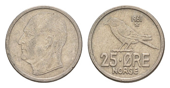 Норвегия 25 эре 1961 Улаф V (1957-1991) KM 407 медно-никель 4632-1236