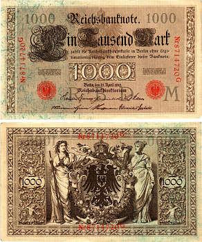 Германия 1000 марок 1910 Pick 44b бумага 7547-35-2-2