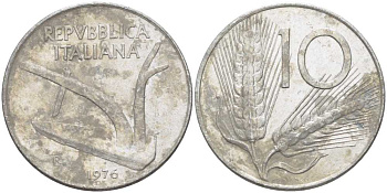 ИТАЛИЯ 10 ЛИР 1976 R, ПЛУГ, КОЛОСЬЯ KM 93 алюминий 175-426