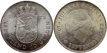 Нидерланды 10 гульденов 1973 25 лет правления королевы Юлианы KM 196 серебро UNC 1515-1725