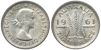 Австралия 3 пенса 1961 m, Елизавета II (1952-2022) KM 57 серебро 71-712