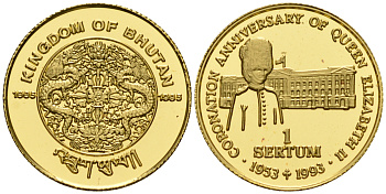 Бутан 1 сертум 1995 40 лет коронации Елизаветы II KM 85 золото PROOF 00-806-36