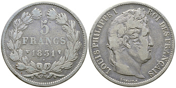 Франция 5 франков 1831 W, Луи Филипп I (1830-1848) KM 745.13 серебро 79-721