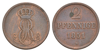 Ганновер 2 пфеннига 1851 B, Эрнст Август I (1837-1851) KM 202.1, AKS 124, J. 75 медь 4657-725