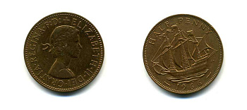 Великобритания 1/2 пенни 1954 Елизавета II (1952-2022) KM 896, Spink 4158 бронза 83-1654