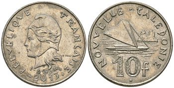 Французская Новая Каледония 10 франков 2013 рыбачья парусная лодка, (IEOM) KM 11a, Schoen 13a, Lec 99k медно-никель 67-537