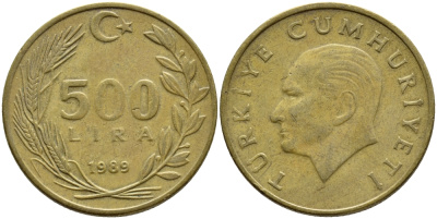 Турция 500 лир 1989 Кемаль Ататюрк KM 989 алюминиевая бронза 4397-245