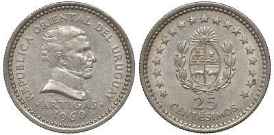 Уругвай 25 сентесимо 1960 KM 40 медно-никель 4169-824