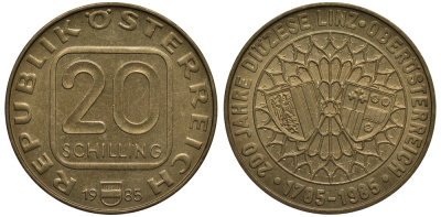 Австрия 20 шиллингов 1985 200 ЛЕТ ЕПАРХИИ В ЛИНЦЕ KM 2970 алюминиевая бронза UNC 3855-921