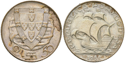 Португалия 2,5 эскудо 1951 KM 580 серебро aUNC 4579-121