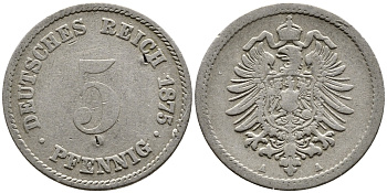 ГЕРМАНИЯ 5 ПФЕННИГОВ 1875 A, СТАРОГЕРБОВКА KM 3, J.3 медно-никель 4387-741