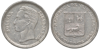 Венесуэла 50 сентимо 1965 Симон Боливар KM 41, Schon 51 никель 4606-331