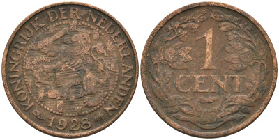 Нидерланды 1 цент 1928 Вильгельмина (1890-1948) KM 152 бронза    4169-249