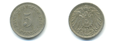 ГЕРМАНИЯ 5 ПФЕННИГОВ 1913 E, KM 11, J. 12 медно-никель 4379-717