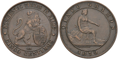 Испания 5 сентимо 1870 ОМ, лев со щитом KM 662 (Y53) медь 4571-1057